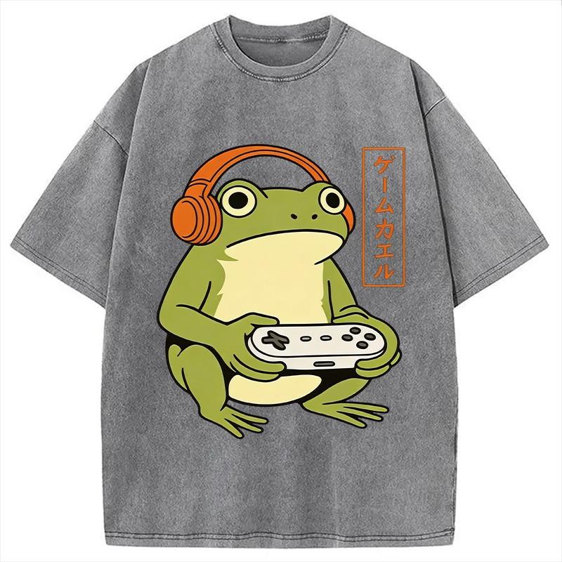 Japanese Gamer Frog Washed T-Shirt Fashion Summer Cotton Harajuku Sports Tees Y2K Vintage Holiday Tunics Unisex