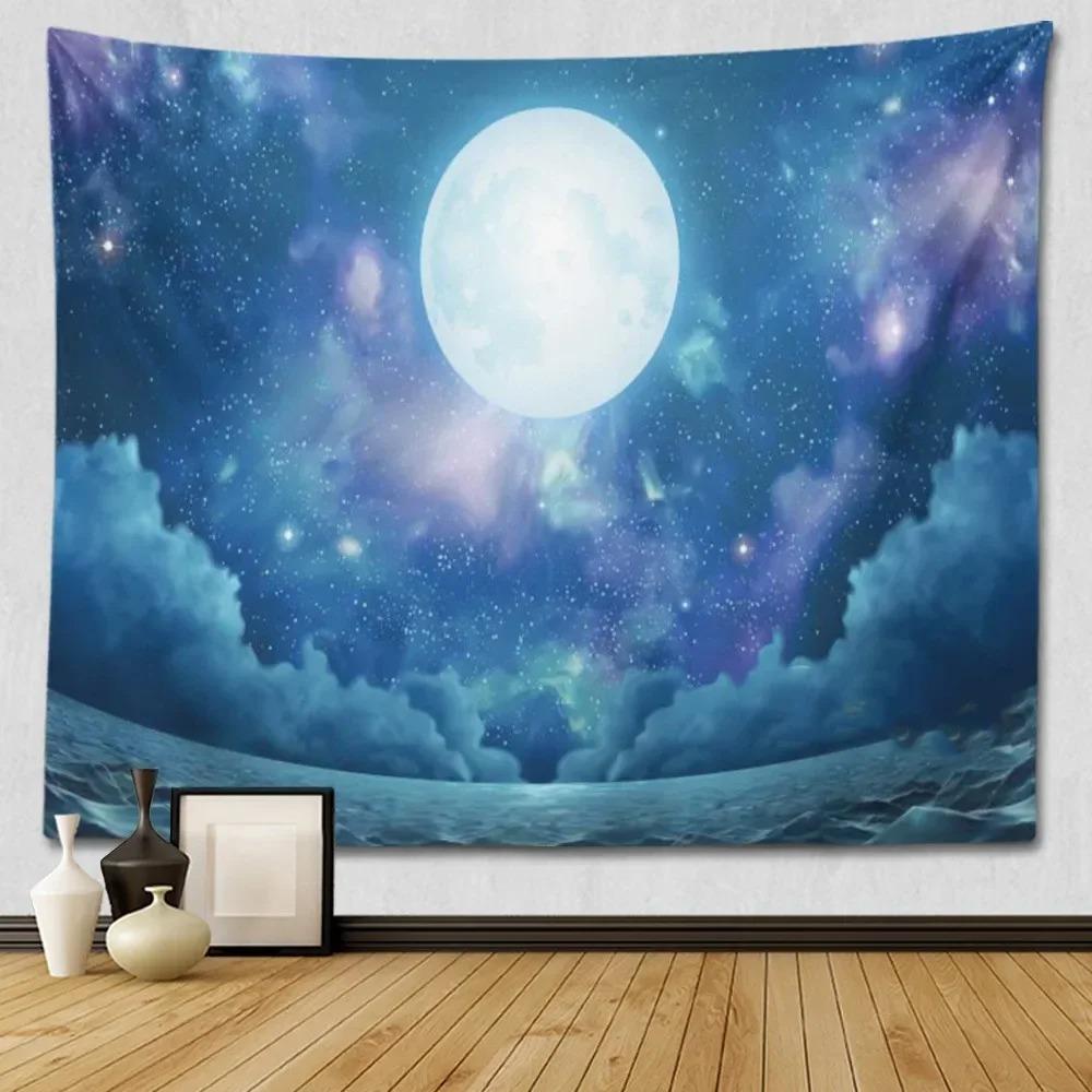 Suitable For Bedroom Wall Decoration Starry Sky Moon Tapestry Blue Starry Night Galaxy Universe Large Fabric Wall Hanging