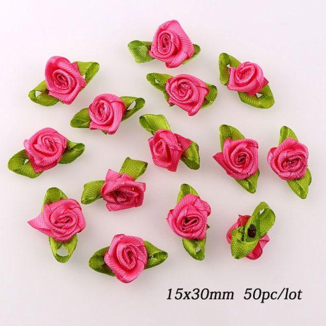 50/100pcs Artificial Fabric Flower and Green Leaf Color Mix Small Ribbon Rose Decoration for Crafts DIY Sewing Decoration