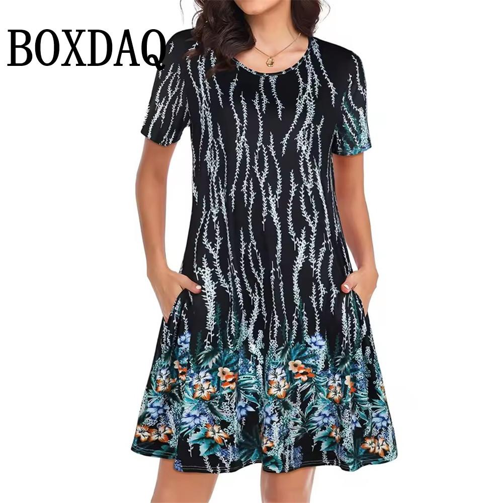 Vintage O Neck Floral Dress Womens Vintage Short Sleeve Summer A-Line Elegant Party Dresses Ladies Casual Loose Bohemian Dresses