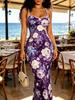 Women's Modern Elegant Casual Fashion Spring Summer Autumn Sleeveless Spaghetti Strap Bodycon Mermaid Dress with Purple Floral Print