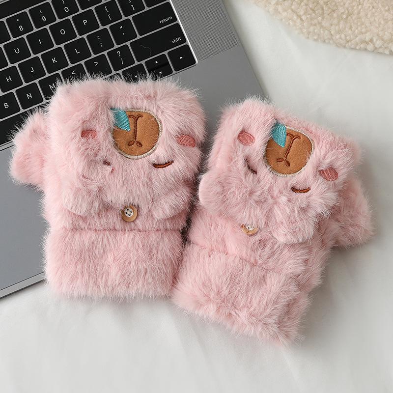 Cute Capybara Plush Gloves Half Finger Flip Cover Fleece Lined Thickened Riding Warm Winter Touchscreen Compatible Student