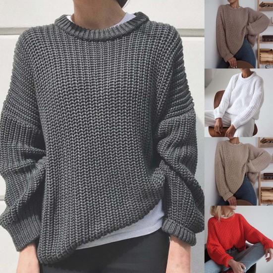 O-Neck Long Sleeve Knitted Sweater Ribbed Edge Solid Color Coarse Yarn Women Sweater Female Clothing