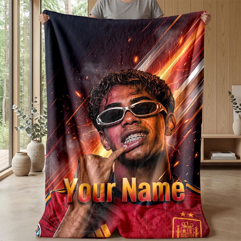 Coperta in Flanella Personalizzata con Nome Testo Lamine Yamal Logo Calcio Coperta Pile Personalizzata Regalo Speciale per Divano Camera da Letto Casa