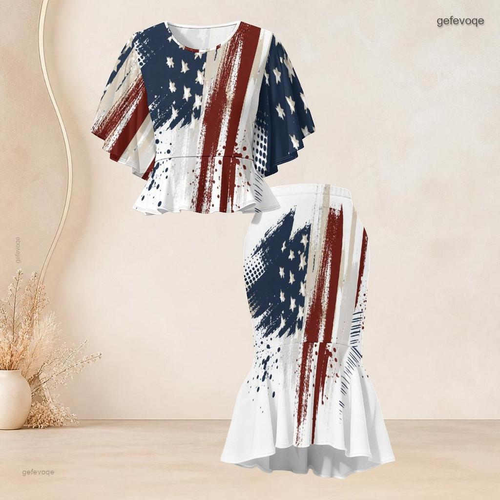 Women Plus Size Two Piece Set Round Neck Batwing Sleeve American Flag Printed Ruffle Hem Top Fishtail Skirt