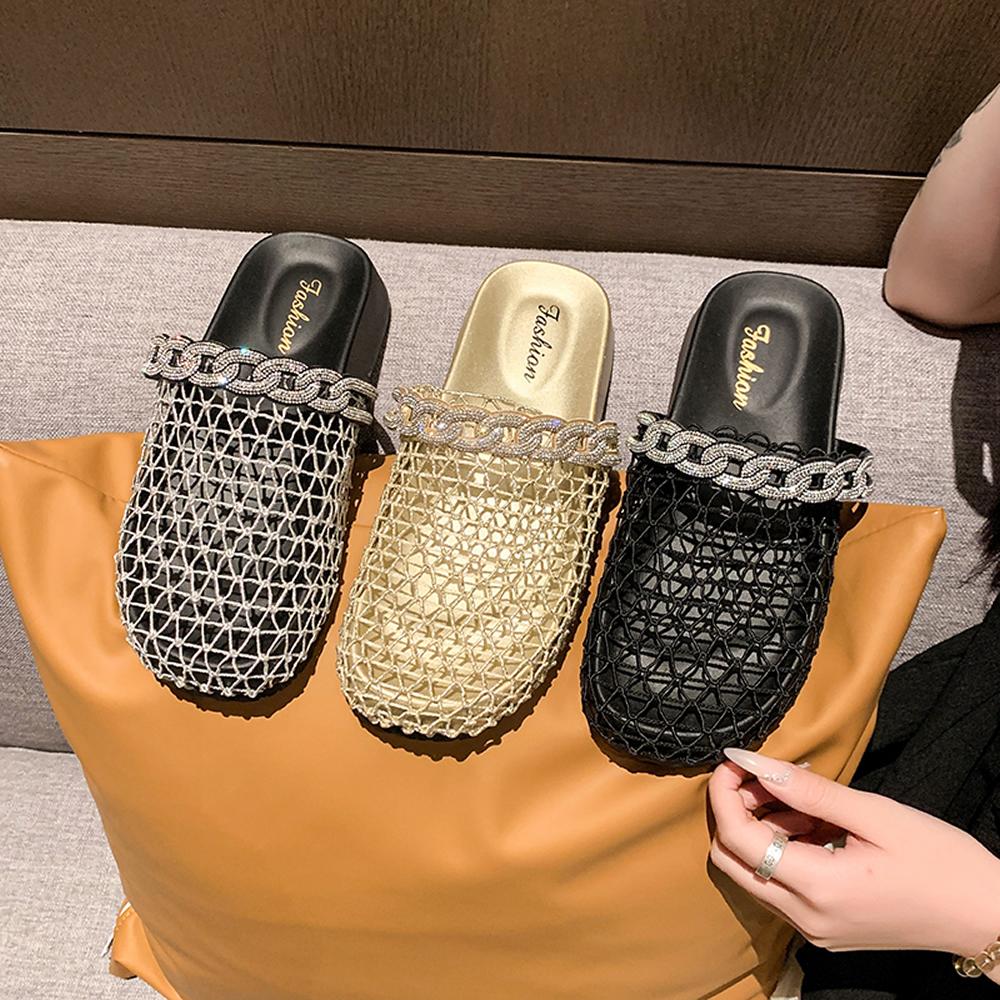 Retro Woven Fishing Net Sandals Women's Outdoor Summer New Diamond Thick Heel One-Strap Head Covering Half Slippers