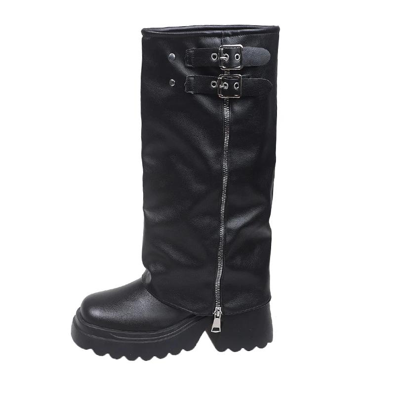 Fashion 2025 New Autumn Winter Chunky Women Knight High Boots Fashion Platform Flats Trouser Long Booties Female Western Cowboy Shoes