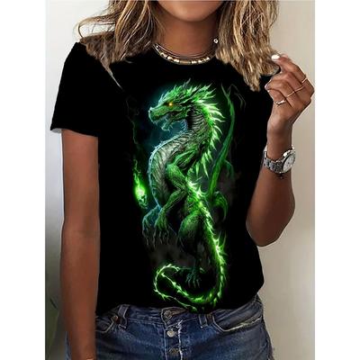Black Women's Tee - Glowing Green Dragon Graphic, Mythical Fiery Beast Design for Casual Daily Wear