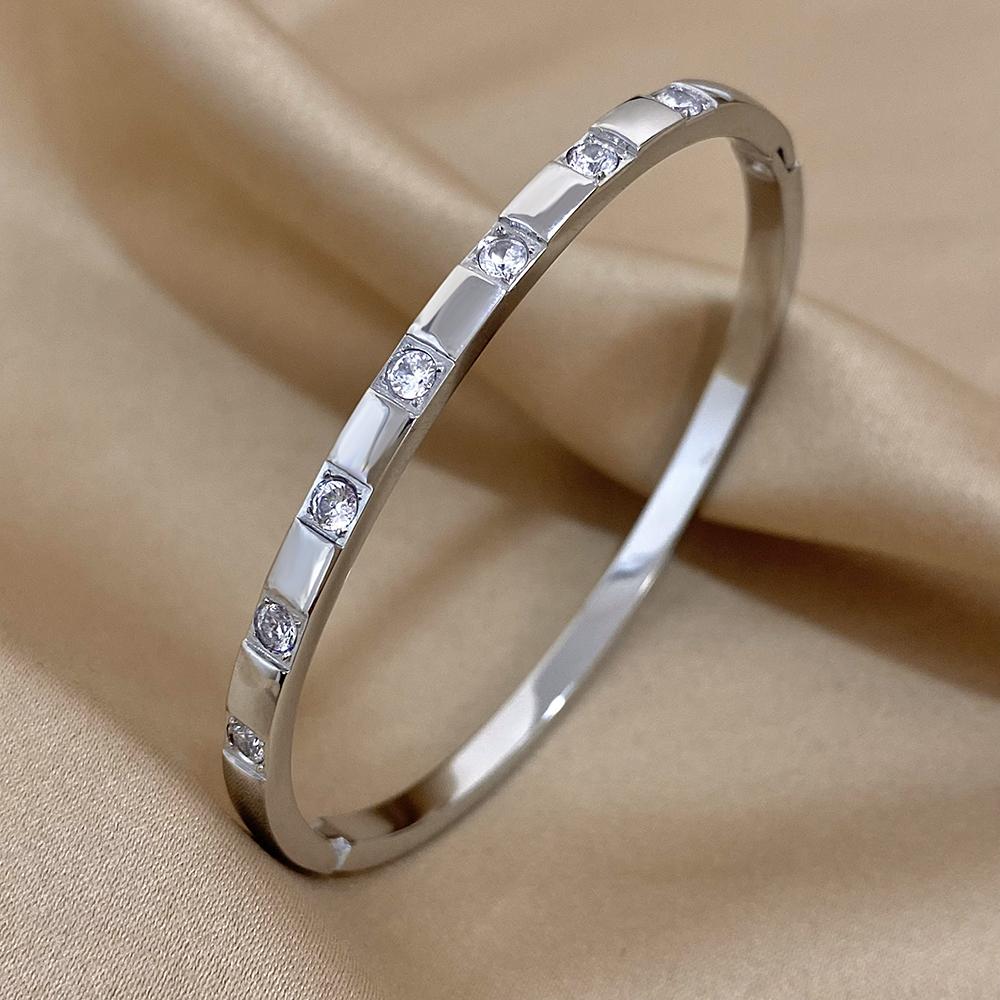 Fashion Rhinestone Stainless Steel Bracelet Simple Crystal Gold Color Cuff Bangles Waterproof Jewelry for Women Charm Gift