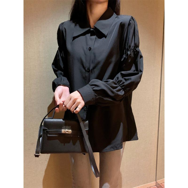 

Fashion niche black ladies shirt with buttons, French retro chic bubble long-sleeved ladies white top Large size L чорний