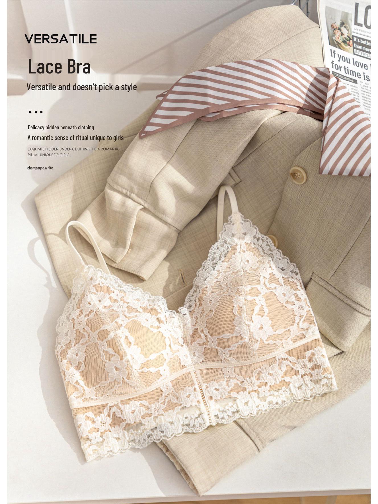 Elegant French Lace Wireless Bandeau - V-Neck, Thin Straps, Open Back, Light Luxury Feel. XL (120-140 lbs)