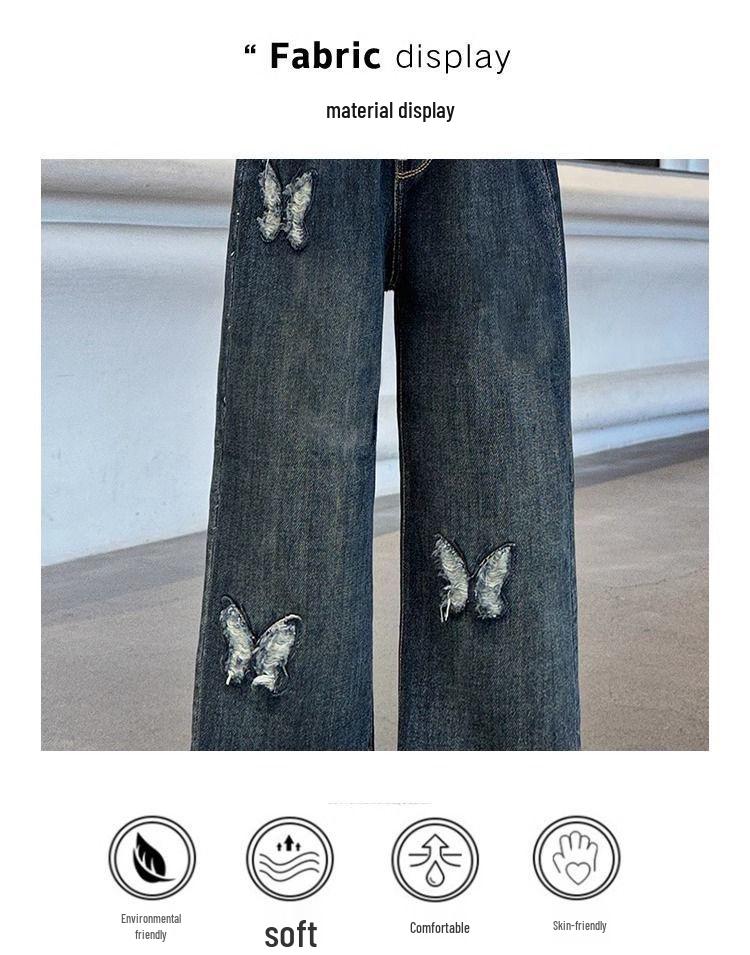 Kids' Butterfly Embroidered Wide-Leg Jeans for Girls - Spring & Autumn