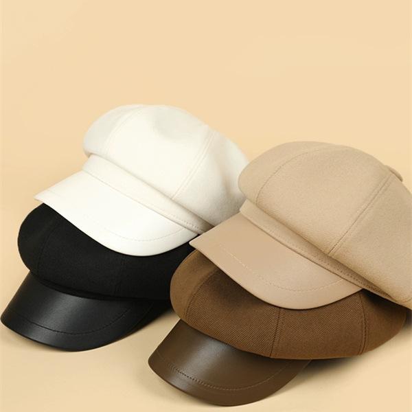 Retro fashion breathable octagonal hat leather brim woolen newsboy hat autumn and winter protective warm hat children's sweet