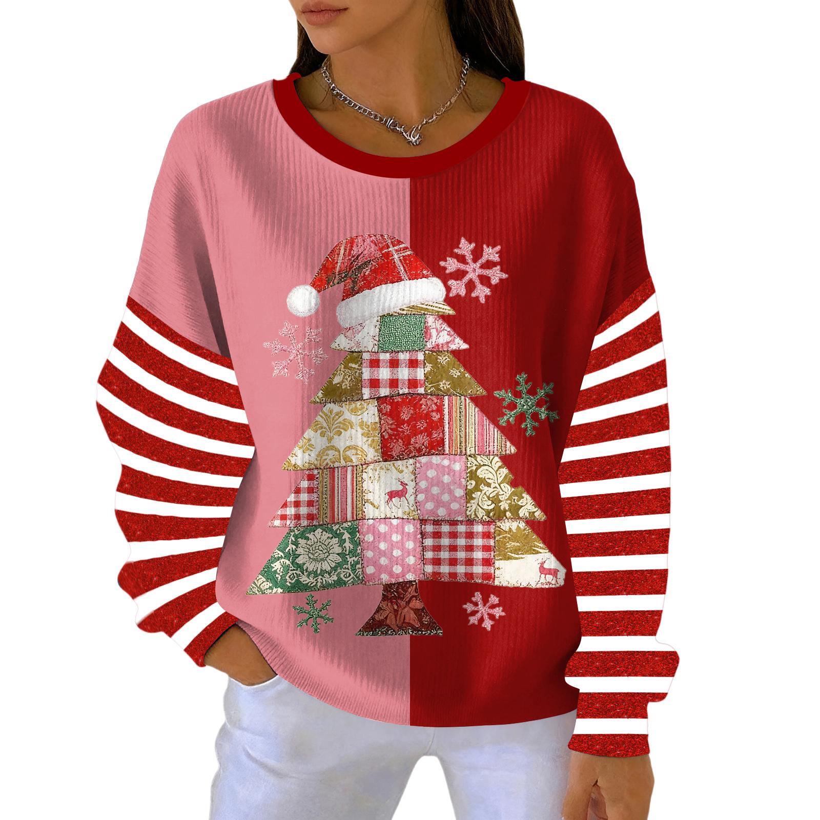

Женский свободный удобный повседневный и модный свитшот с круглым вырезом и рождественским узором, с длинными рукавами XL винный