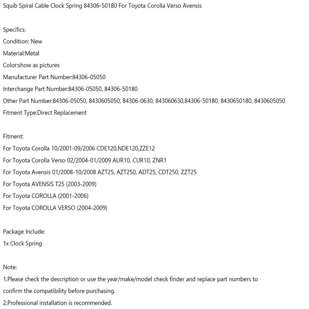Squib Spiral Cable Clock Spring 84306-50180 For Toyota Corolla Verso Avensis