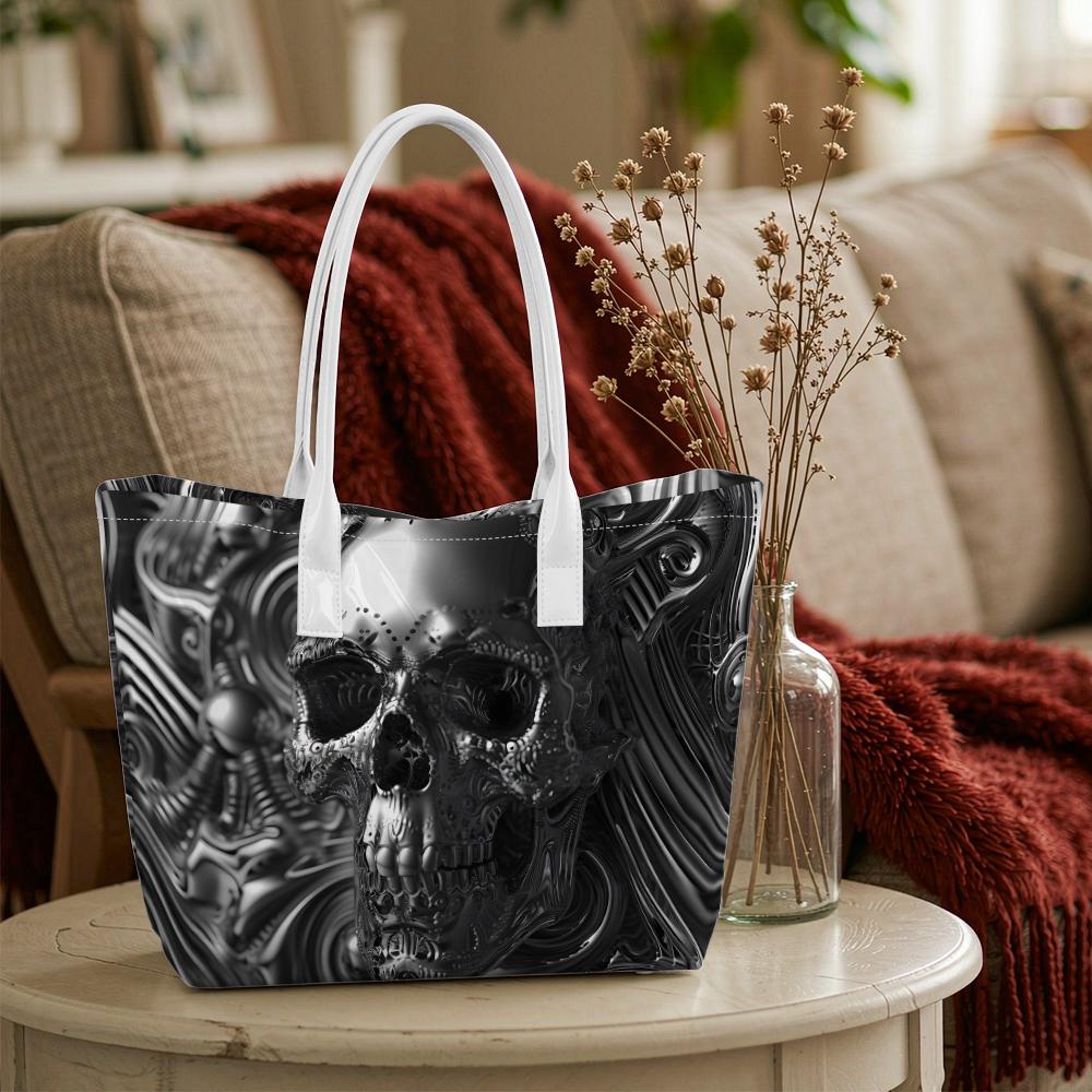 Gothic Skull Print Tote Bag for Daily Use Trendy Cool Dark Style Shoulder Bag for Outdoor Shopping