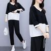 Women's Loose Fit Two-piece Suit Three Quarter Sleeve Color Block Top Elastic Waist Ankle Pants Casual Matching Set