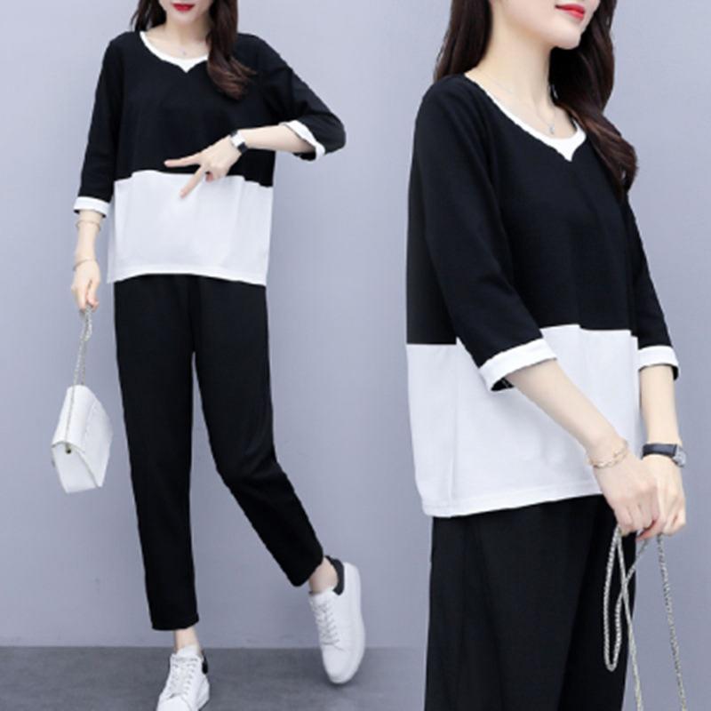 Women's Loose Fit Two-piece Suit Three Quarter Sleeve Color Block Top Elastic Waist Ankle Pants Casual Matching Set