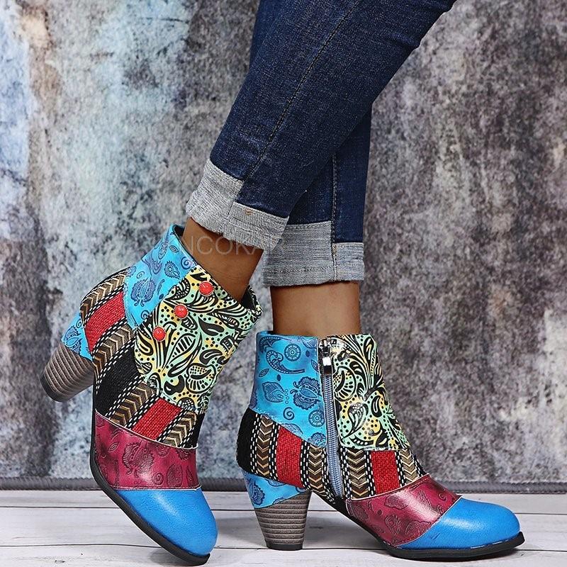 Large Size European And American Bohemian Women's Boots Ethnic Style Casual Retro Stitching High-heeled Short Leather Boots