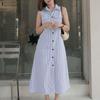 Women Casual Turn Down Collar Sleeveless Stripe Dress