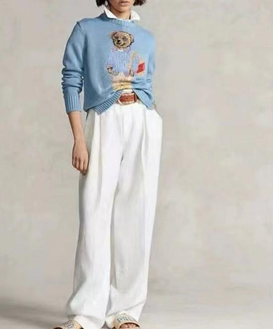 Dámský ležérní modrý svetr s výšivkou vzoru medvídka - Evropský a americký styl kulatý výstřih pulovr