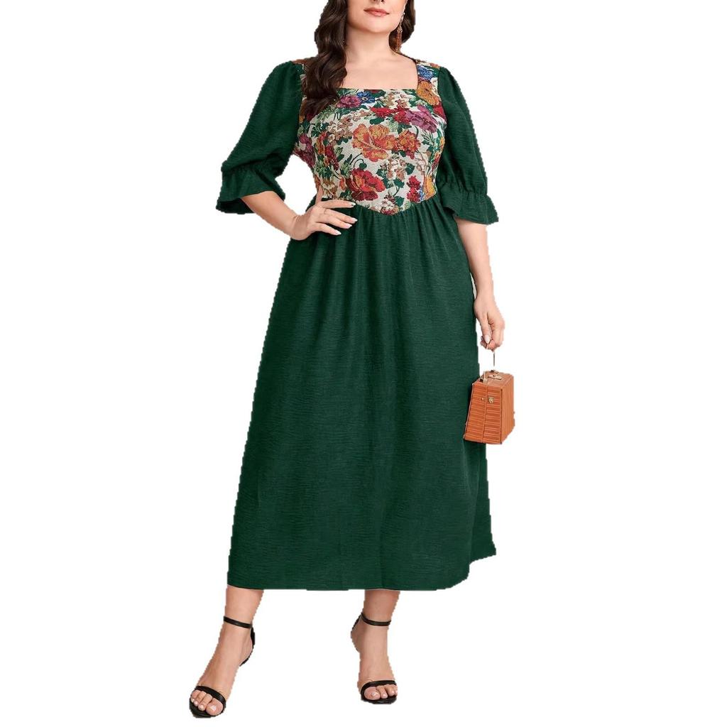Ready Stock Plus Size Retro French Print Patchwork Dress - Long Sleeve Autumn/Winter Women's Skirt