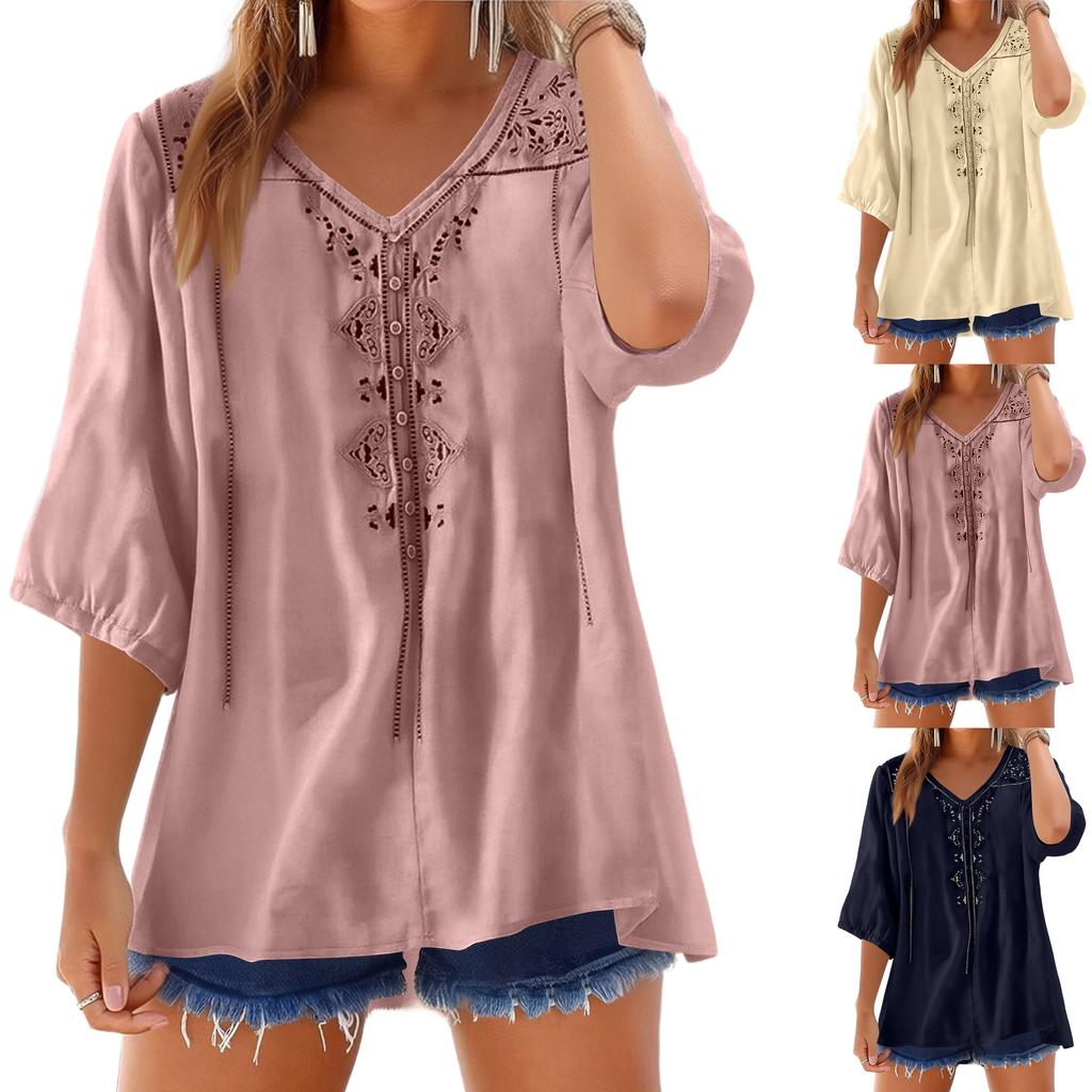 Women's Fashion Loose Casual Summer V-neck 3/4 Length Sleeve T-shirt