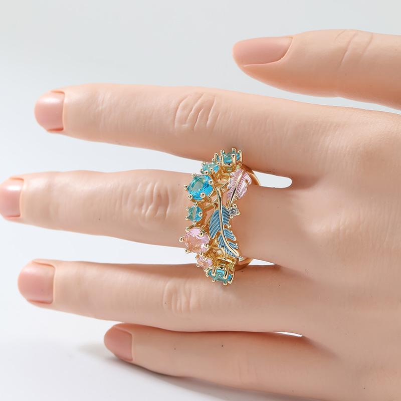 Gorgeous Inlaid Sea Blue CZ Leaves Enamel Women's Ring Gold Color Hand Carving Daily Wear Party Jewelry Anniversary Gift