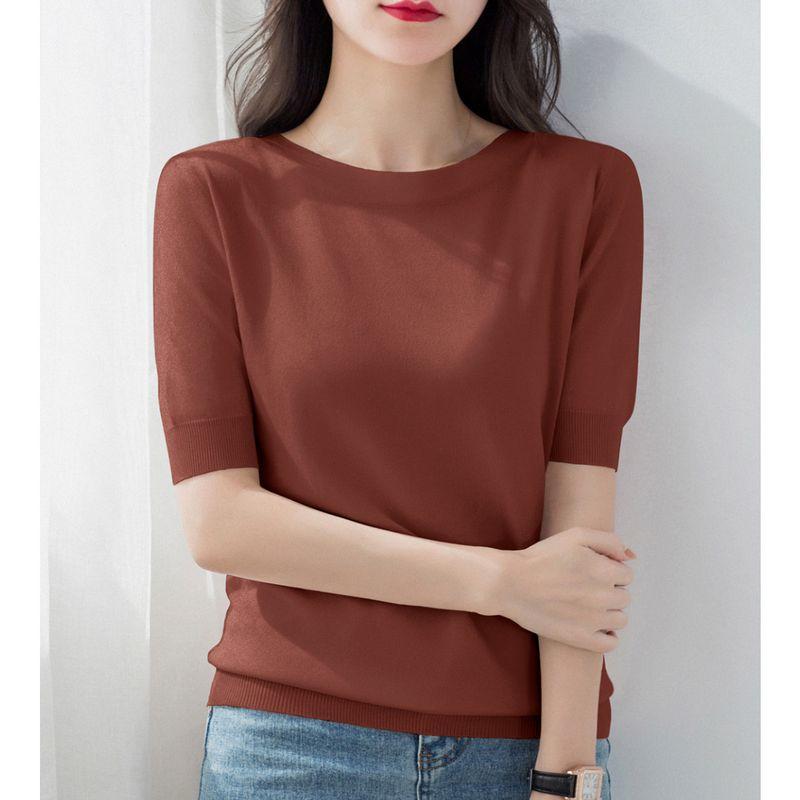 

Французский стиль с открытыми плечами, с коротким рукавом, трикотажная футболка из ледяного шелка, женская одежда 2024 лето, ширина плеч свободный покрой, высококачественные зеленые топы Brown L