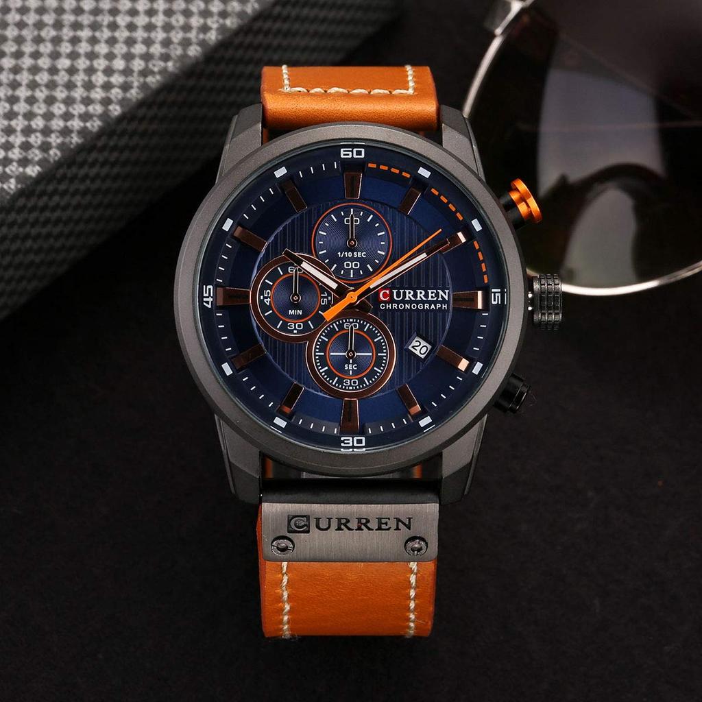 Men's Leather Strap Military Watch Men's Chronograph Waterproof Sport Wrist Date Quartz Wristwatch Gift (Gold Braun), Gold Braun, Chronograph, Quartz