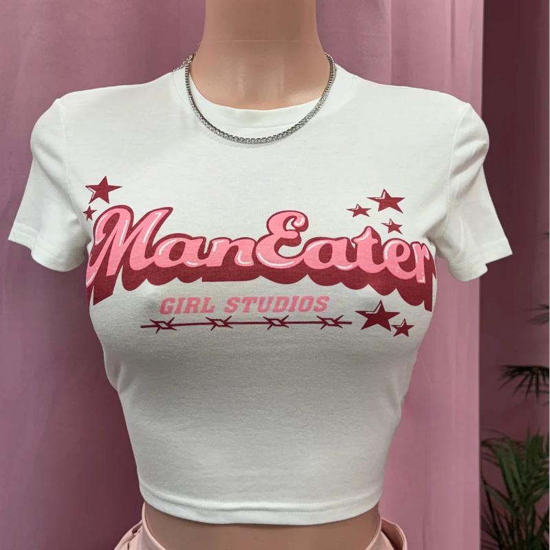 

Европейская и американская Y2K Ins летняя женская повседневная футболка с круглым вырезом и принтом, укороченный топ, облегающий крой M