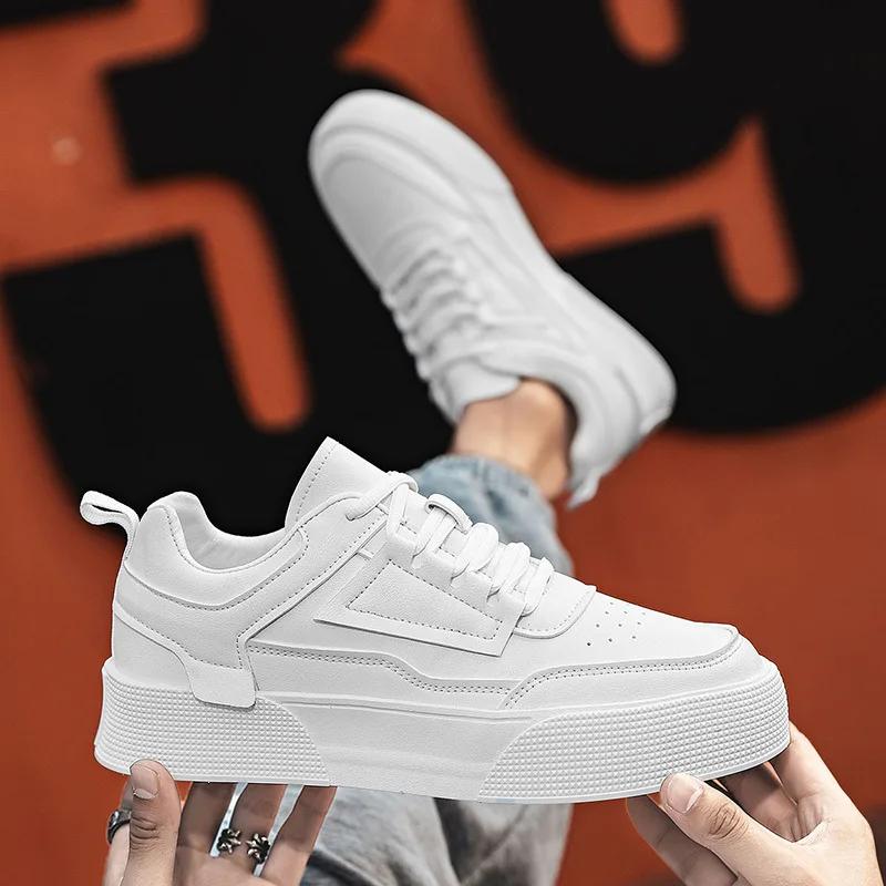 White Shoes for Men Summer Korean Style Fashionable Breathable Casual Student Board Shoes Non-slip Lace Up Thick Soled Sneakers