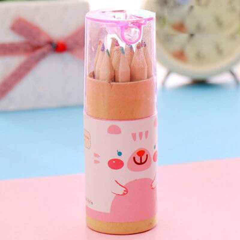 

1 упаковка новых цветных карандашей в виде медвежонка, детские цветные карандаши с точилкой, маленькие цветные карандаши, 12-цветные ручки для рисования, школьные принадлежности розовый