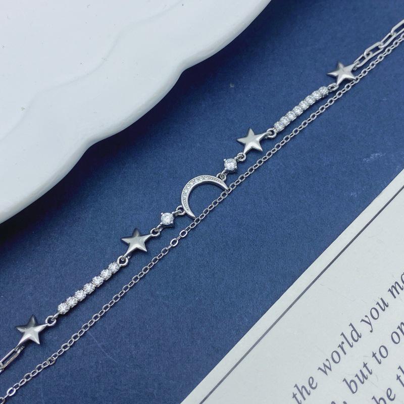 S925 Sterling Silver Star & Moon Double Layer Bracelet - Elegant, High-End Gift for Women