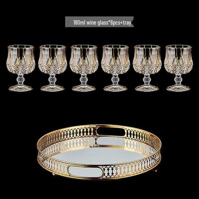 Crystal Glass Decanter and 6 Wine Glasses with Mirror Tray Set