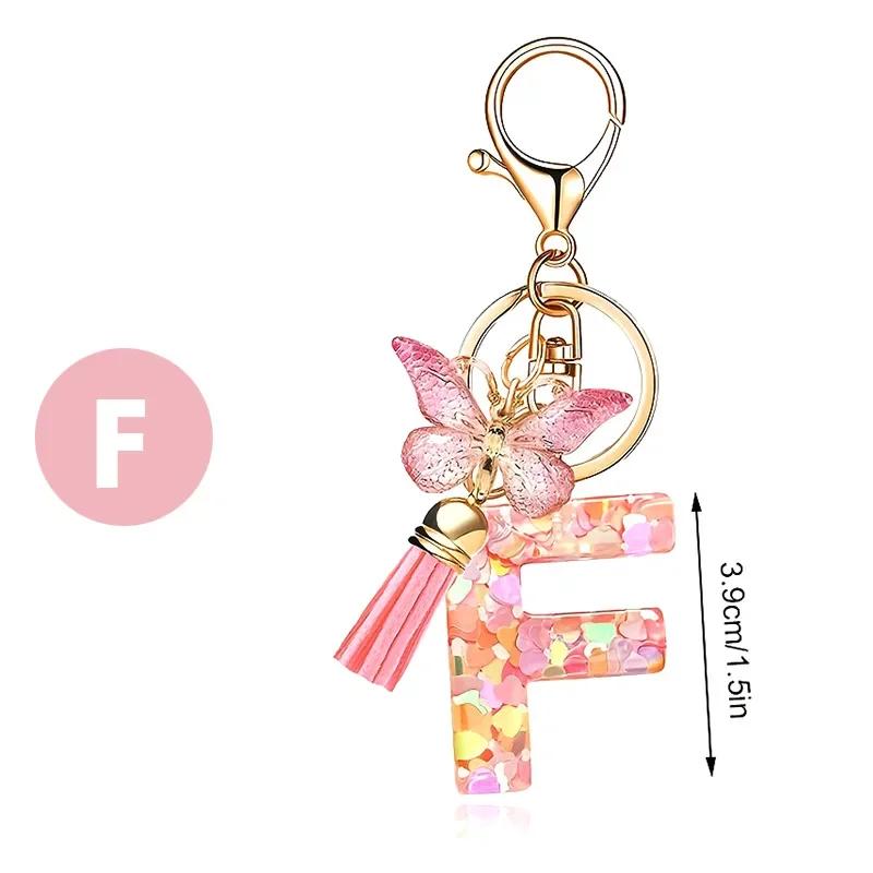 A-Z Dreamy Letters Keychain for Women Tassels Butterfly Pendant Initial Keyrings Purse Suspension Bags Car Key Chain Pink