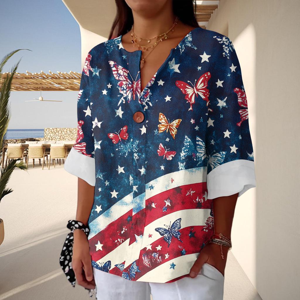 Women's Fashion Casual Button V-Neck Cotton And Linen Independence Day Printed Seven Sleeve T-Shirt Top