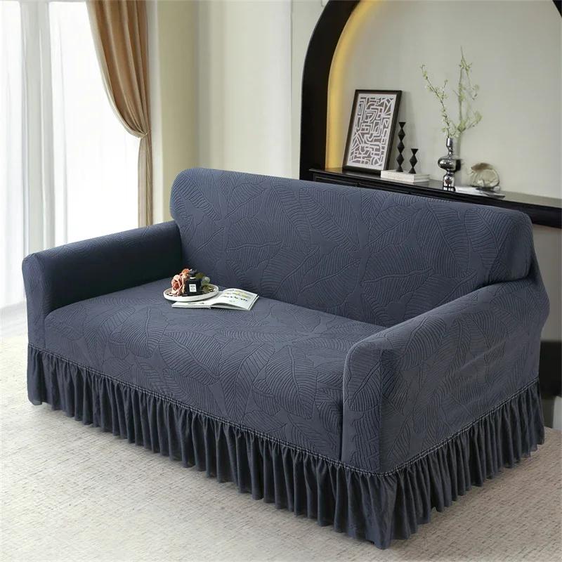 Jacquard Uni-Farben Sofabezug mit Volant Rutschfest Stretch Couchbezug für Schlafzimmer Büro Wohnzimmer Heimdeko