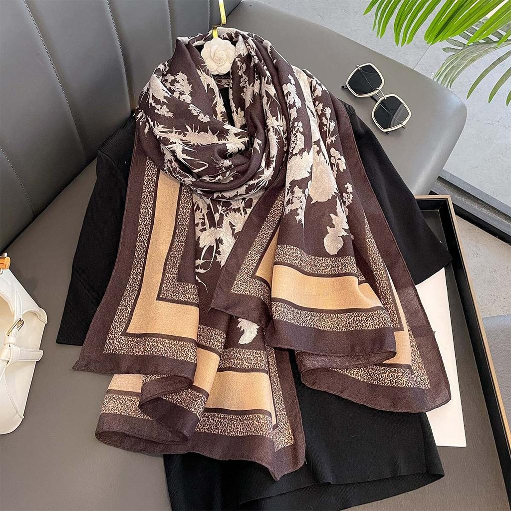 Luxury Floral Long Scarf For Women Elegant Thin Shawl Warps For Beach Ladies Hijab Neckerchief Soft Stain Scarves For Travel