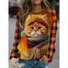 Digital Printed Pullovers Cartoon Cute Cat Autumn Winter Women's Round Neck Casual Long Sleeved Sweatshirt