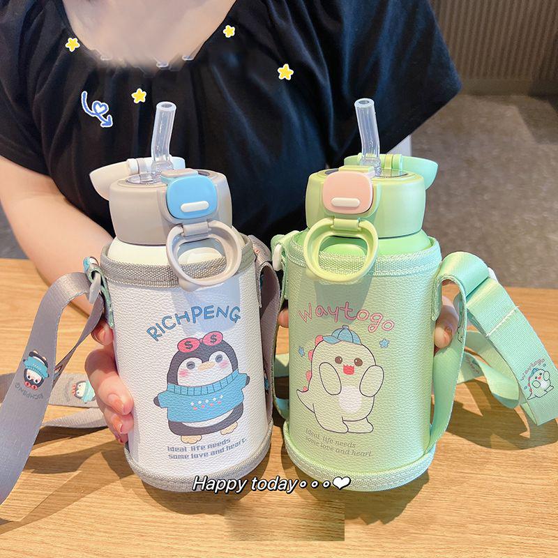 Doppelabdeckung Spielzeug Thermosbecher Edelstahl auslaufsichere Stroh Vakuumflasche Kinder Cartoon Thermal Wasserflasche