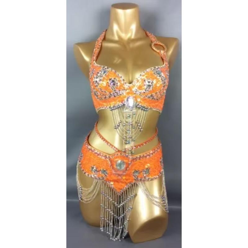 Hot Selling Women Beaded Sequins Belly Dancing Suite Belt+Bra Samba Costumes Club USA Bra Size 34B,36B,38B,40B,34D,36D,38D,40D