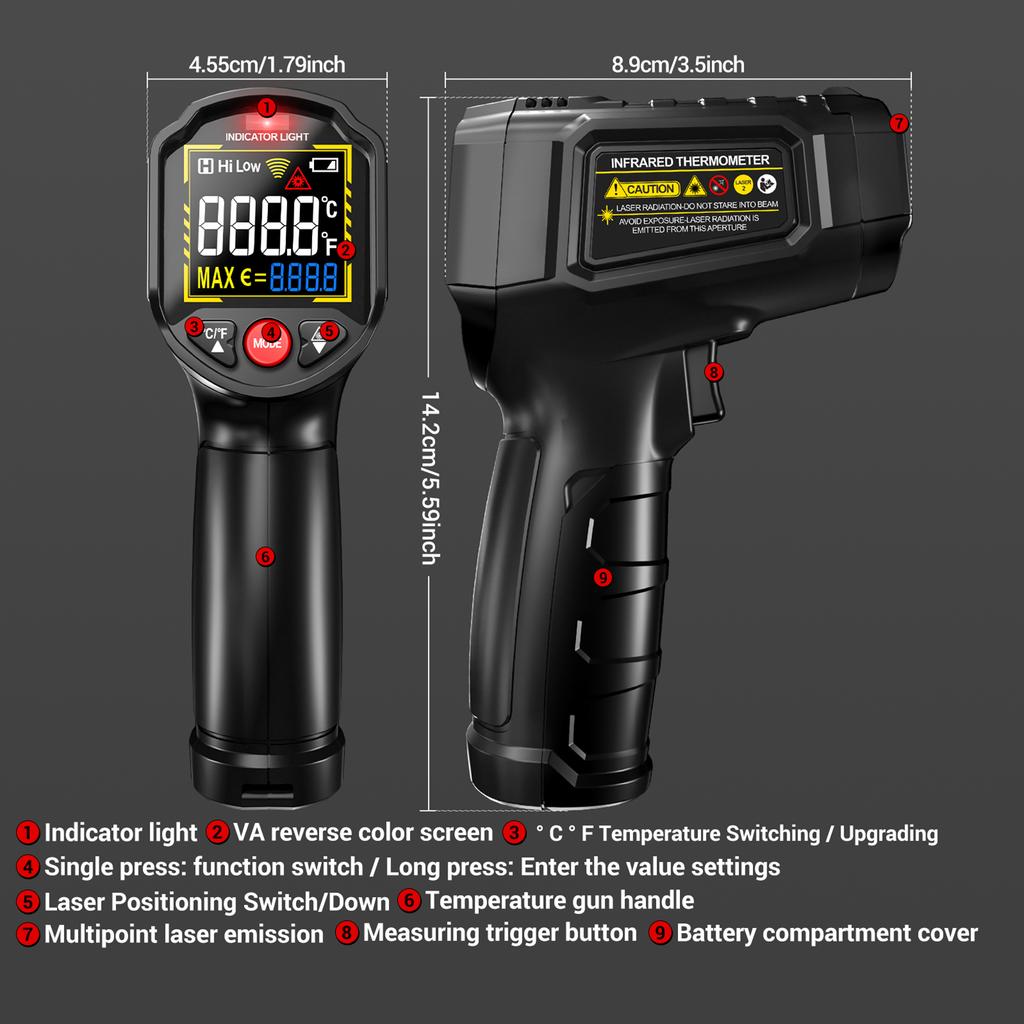 Infrared Thermometer Non-contact Temperature Sensing Gun -50°C to 600°C (-58°F~1112°F) with Adjustable Emissivity for Car