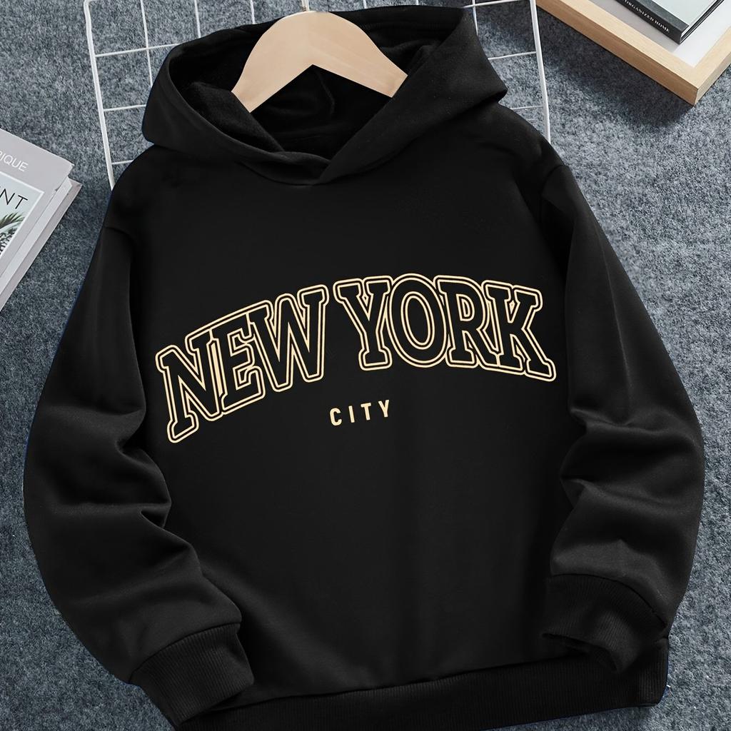 New Fall/Winter Style Cool Trendy Letter New York Design: Unique Sporty Hooded Casual Long-Sleeved Sweatshirt for Boys