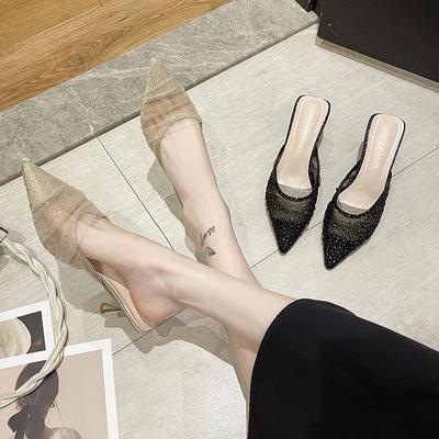 Fashion 2024 New Internet Famous Slippers for Women Wearing  Summer  Versatile Pointed Toe Thin Heel Pearl Fashion Slippers for Women