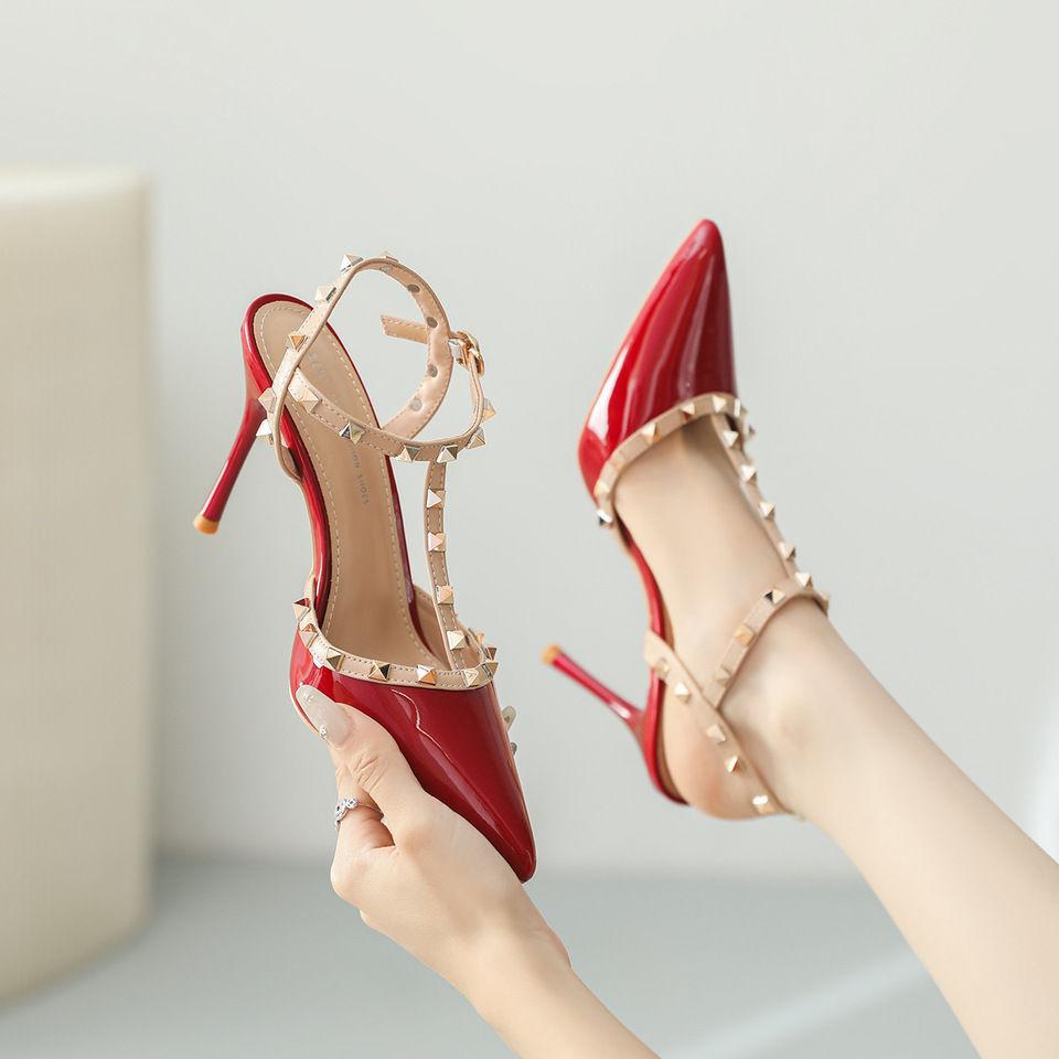 French Nude Pointed Rivets High Heels Women's 2025 New Beautiful Sexy Willow Single Shoes with Sandals