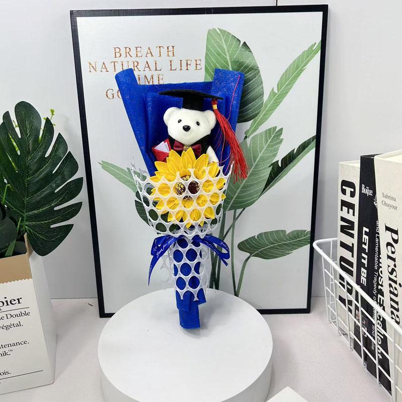 1Pc Graduation Bouquet Student Gift Crochet Flower Mini Party Decor DIY Little Bear Plush Toy Sunflower