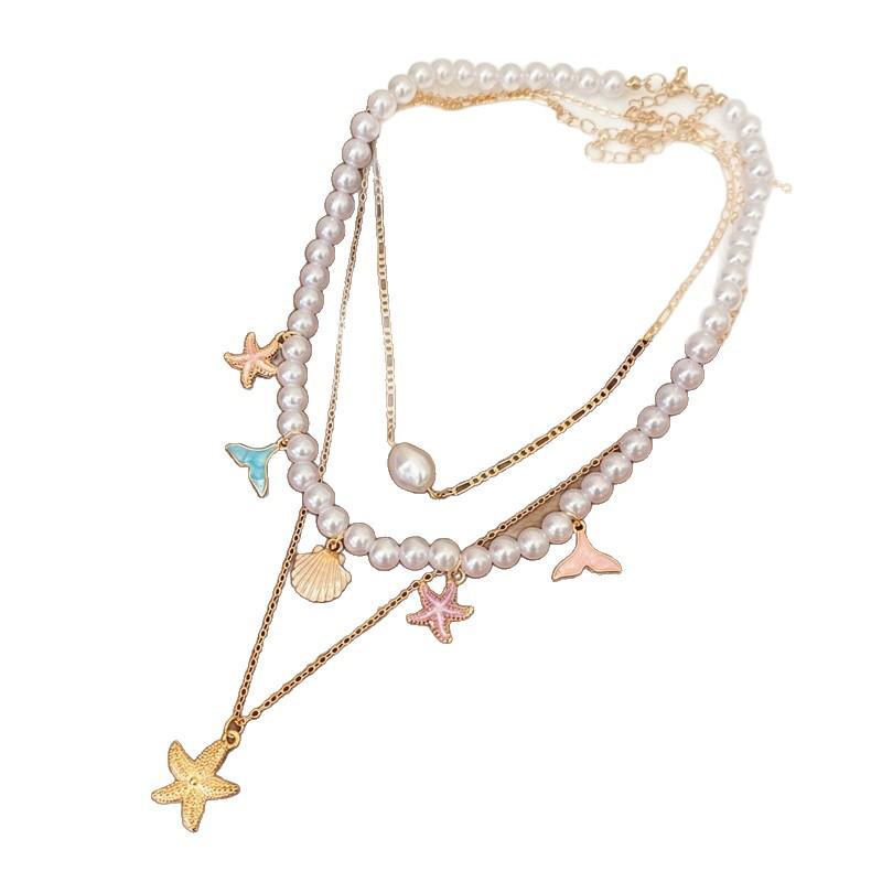 Starfish & Pearl Multi-Layer Necklace: Island Resort Clavicle Chain Jewelry