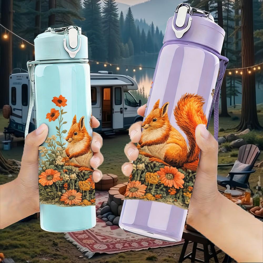 1PC Squirrel Autumn Harvest Scene Print 750ml Color Plastic Sports Water Bottle Leakproof Flip Straw Lid Suitable for Sports Office Home Use