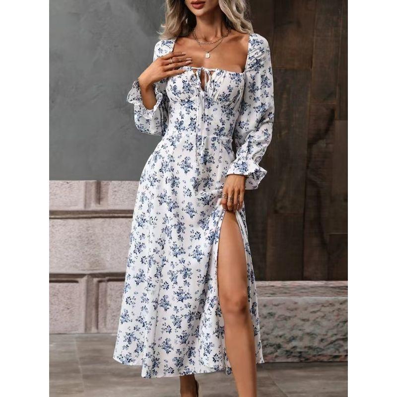 

Western Style New Sexy Square Collar Print Backless Dress Sexy Backless Printed Dress White S